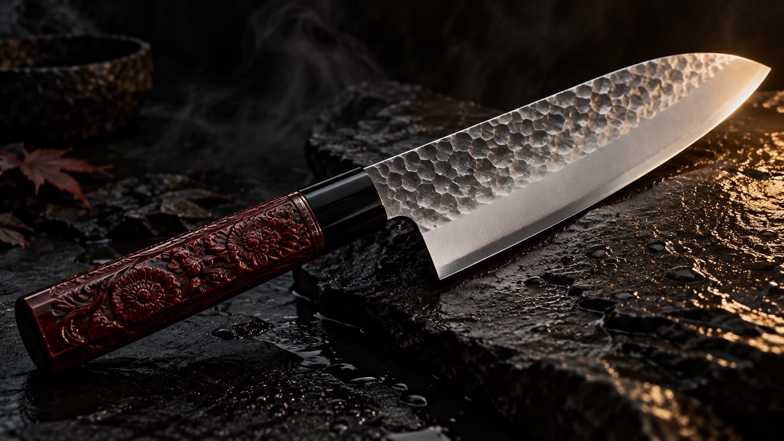 Hand-forged Japanese knife with a hammered blade and octagonal handle